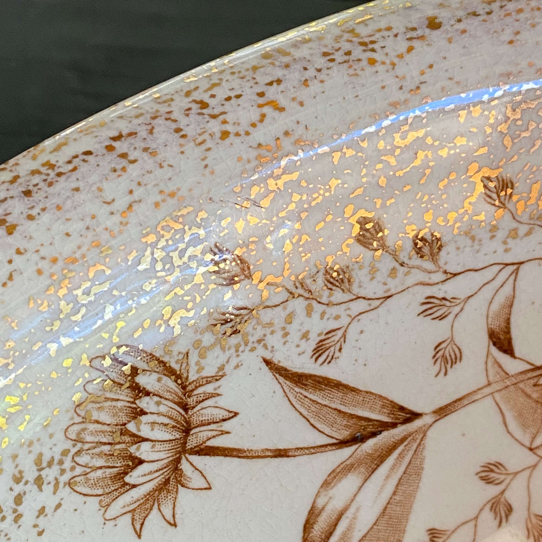 Antique Brown Floral Transferware Wash Basin Bowl with Rudebekia Flowers and Gold Sponge Painting