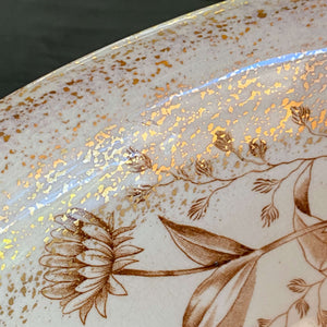 Antique Brown Floral Transferware Wash Basin Bowl with Rudebekia Flowers and Gold Sponge Painting