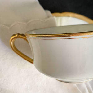 Antique Gold & White French Porcelain Cups & Saucers - Mismatched Set of Two circa 1880s-1930s