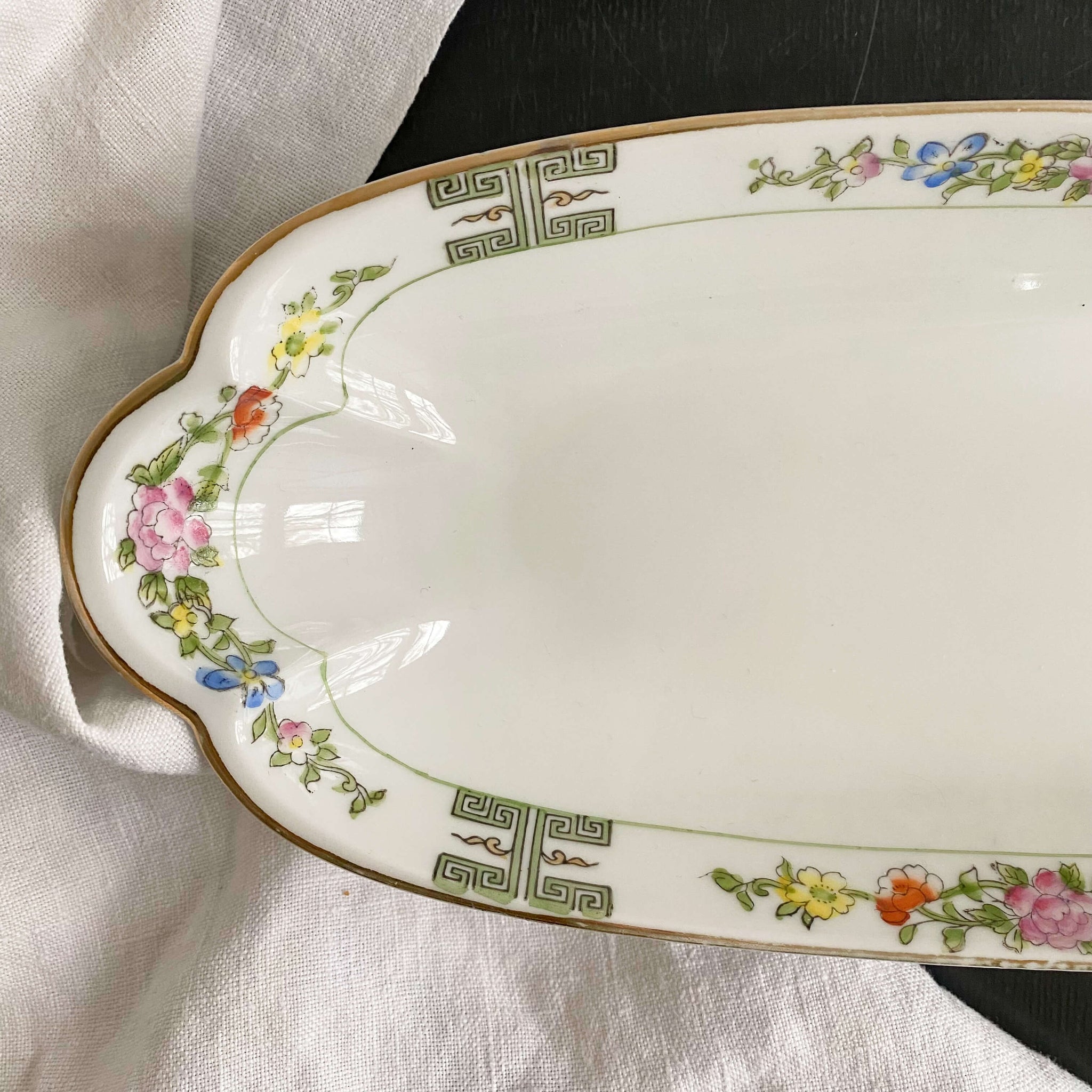 Antique Noritake Porcelain Floral Celery Dish with Green Greek Key Emblems circa 1910s