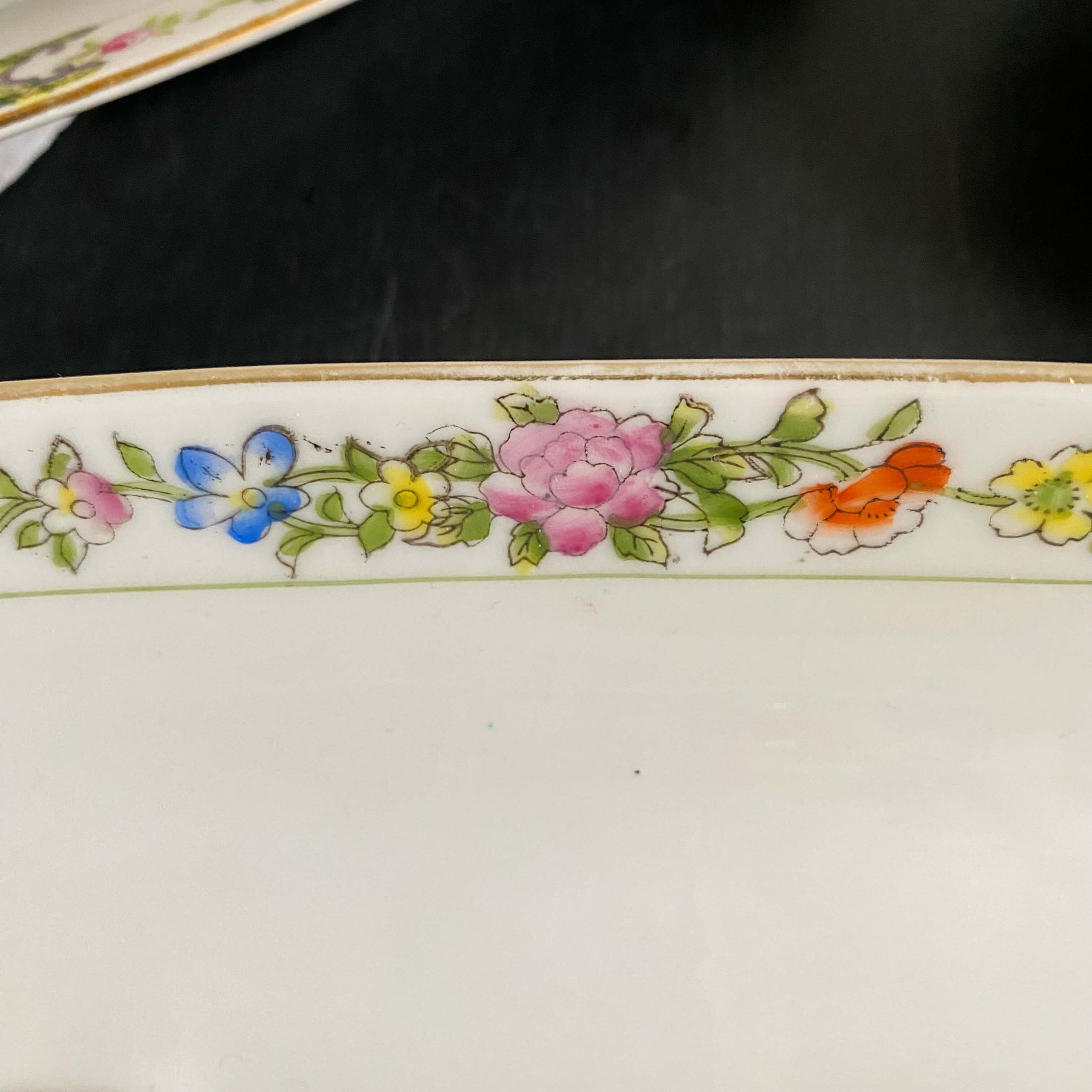 Antique Noritake Porcelain Floral Celery Dish with Green Greek Key Emblems circa 1910s