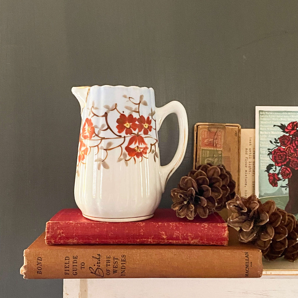 Antique Handpainted Porcelain Creamer with Red Flowers