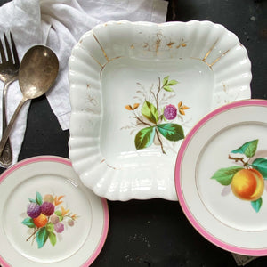 Antique Handpainted Porcelain Fruit Plates with Pink Striped Rim  - Set of Two