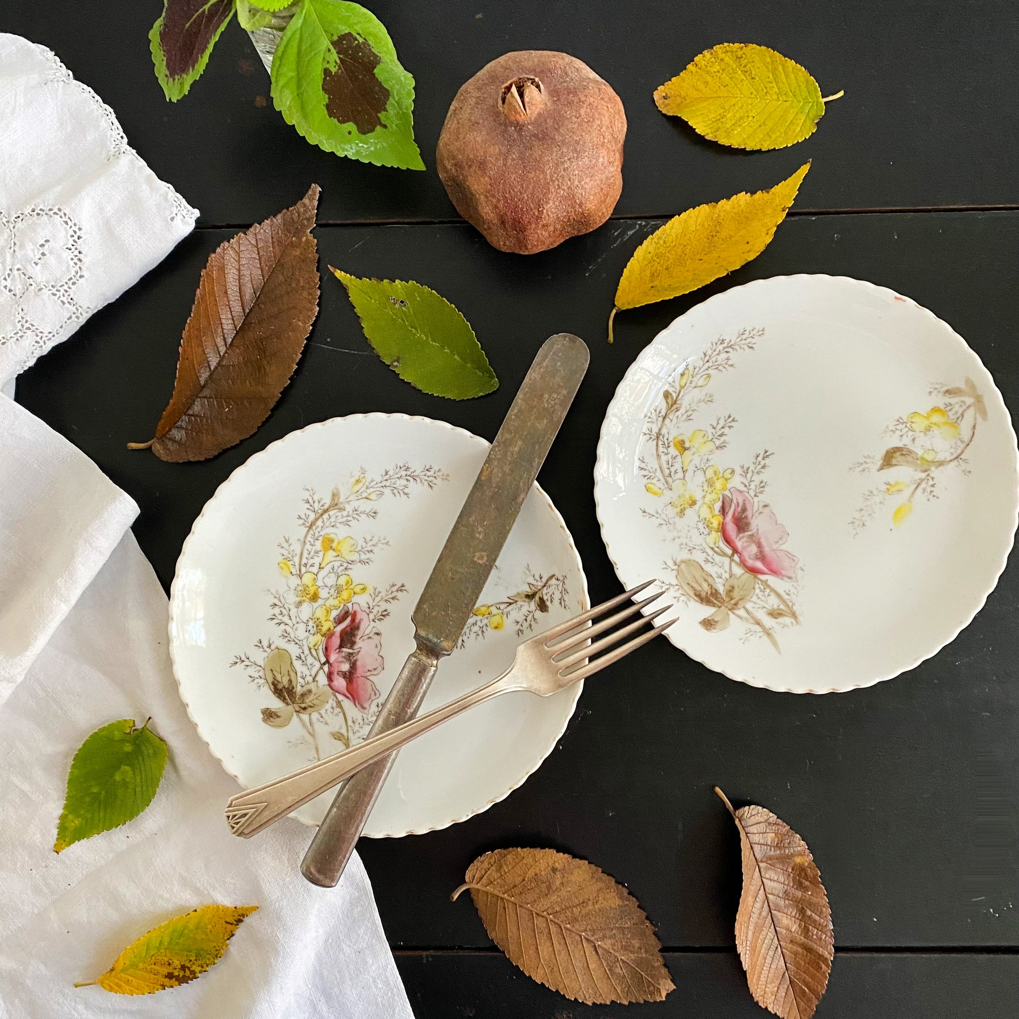 Antique Handpainted Porcelain Floral Small Plates with Pink Yellow & Beige Flowers - Set of Two circa 1880s-1910s