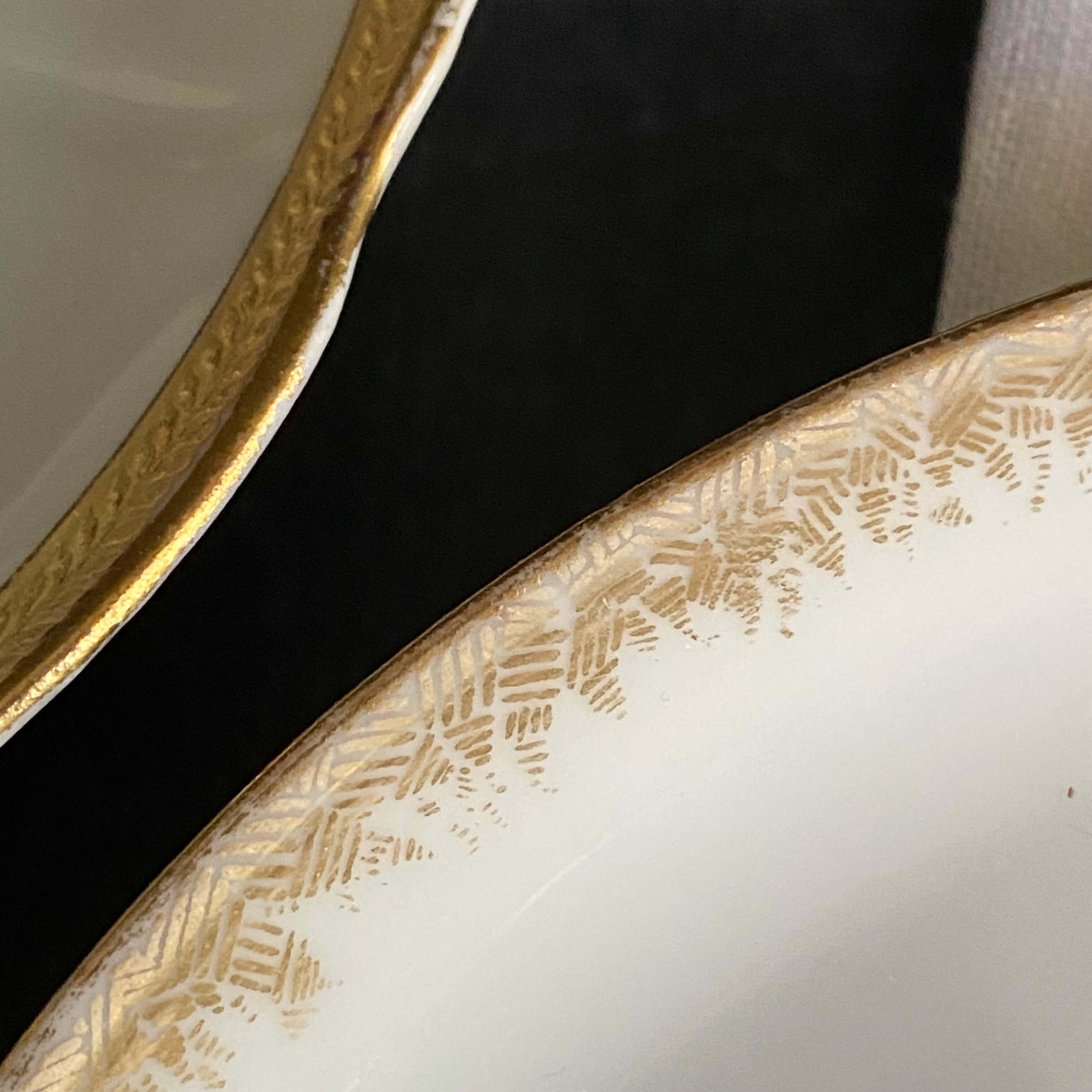 Antique Gold & White French Porcelain Cups & Saucers - Mismatched Set of Two circa 1880s-1930s