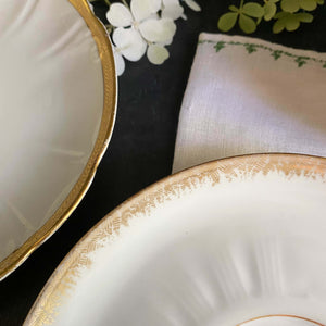 Antique Gold & White French Porcelain Cups & Saucers - Mismatched Set of Two circa 1880s-1930s