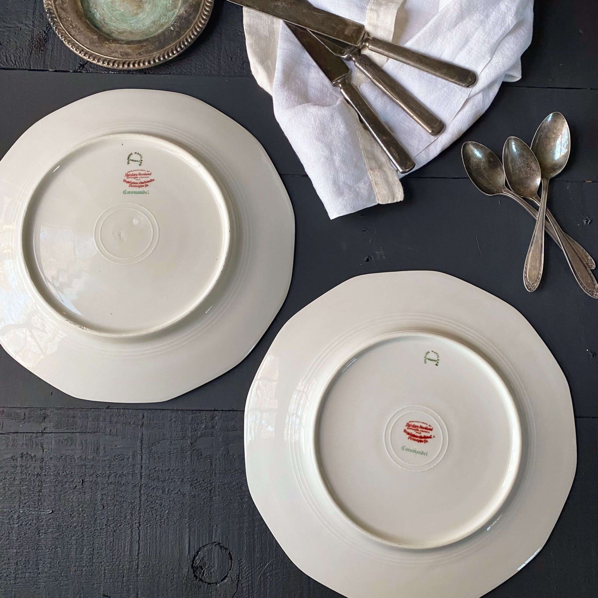 Antique Theodore Haviland Coromandel Porcelain Dinner Plates - Set of Two - Imported to Wright, Tyndale and Van Roden, Philadelphia circa 1920s