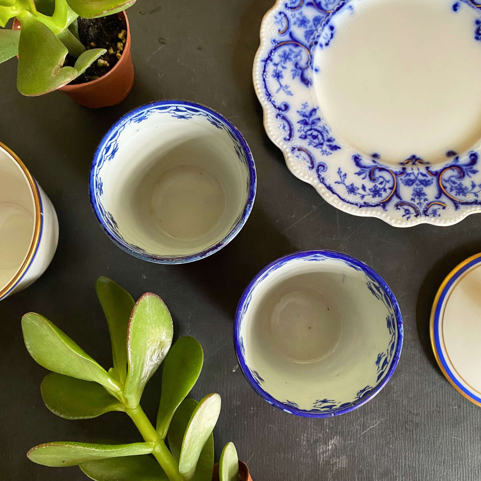 Small Antique Blue and White Japanese Porcelain Cups with Mountain Scenes - Set of Two