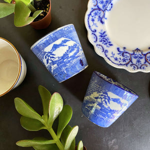 Small Antique Blue and White Japanese Porcelain Cups with Mountain Scenes - Set of Two