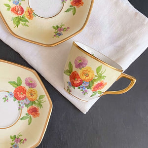 Rare Johnson Bros Floral Demitasse Cups & Saucers with Zinnia Flowers -  Set of Three