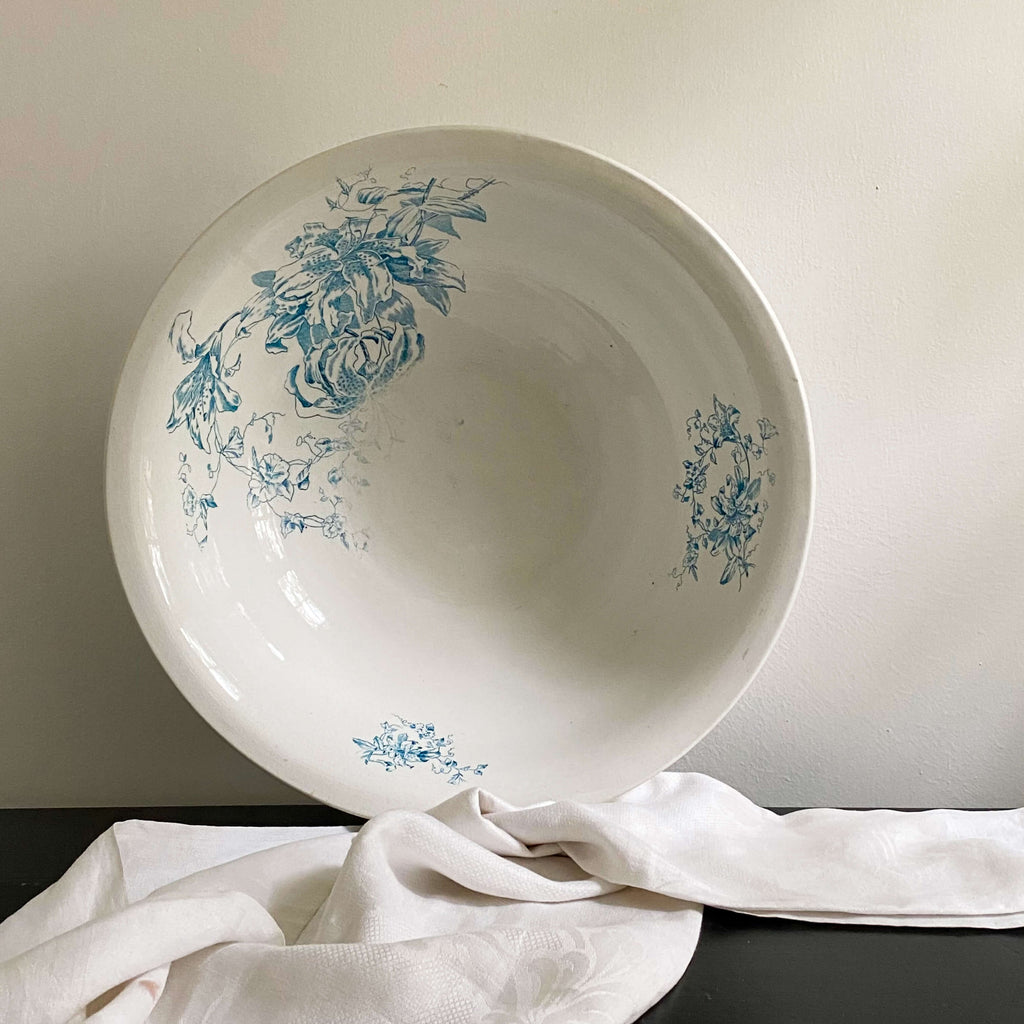 Antique Large Wash Basin Bowl with Teal Flowers by International Pottery Co circa 1920s-1930s