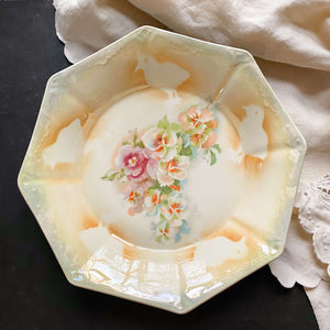 Antique Lustreware Serving Bowl with Airbrushed Chicks and Pansy Flowers