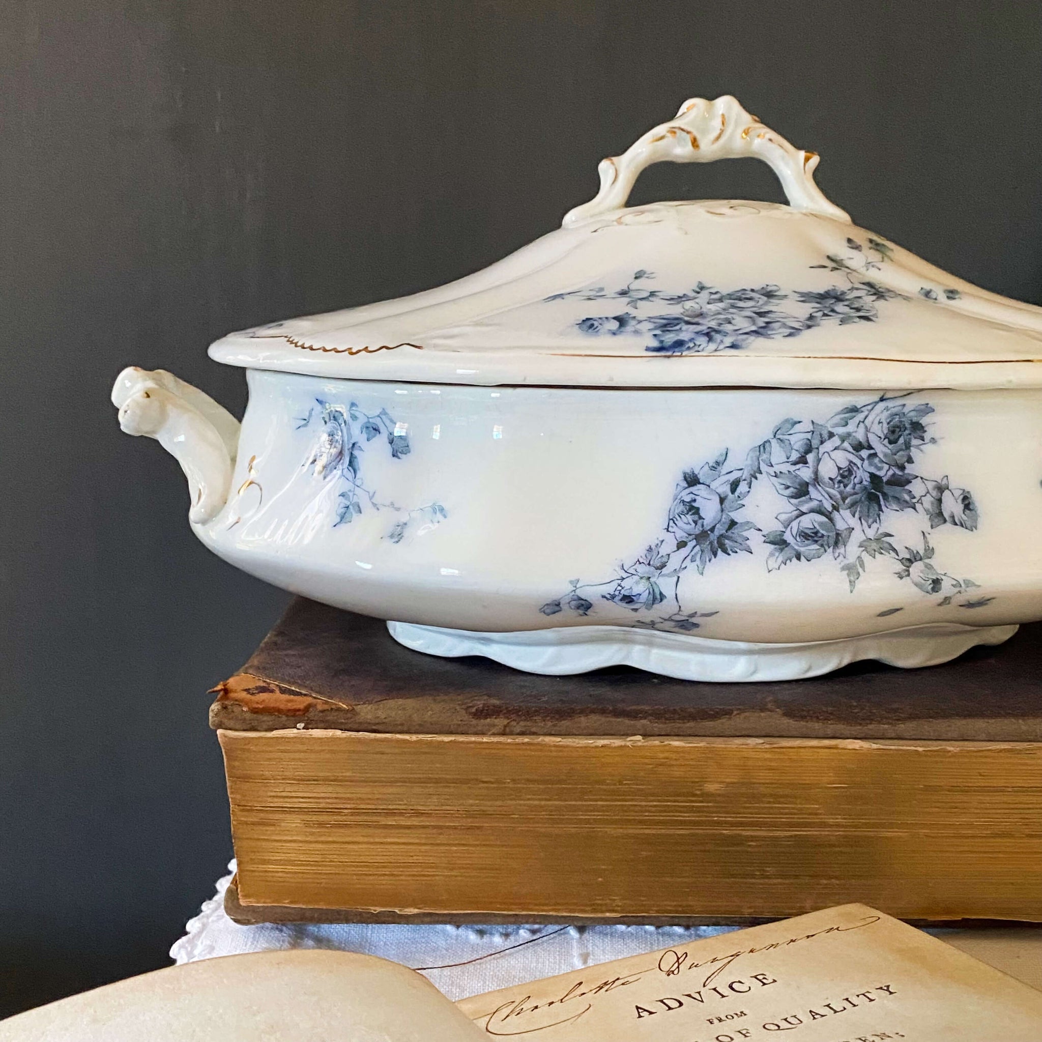 Antique Flow Blue Covered Vegetable Dishes & Platter Set - Marechal Neil by W.H. Grindley circa 1896