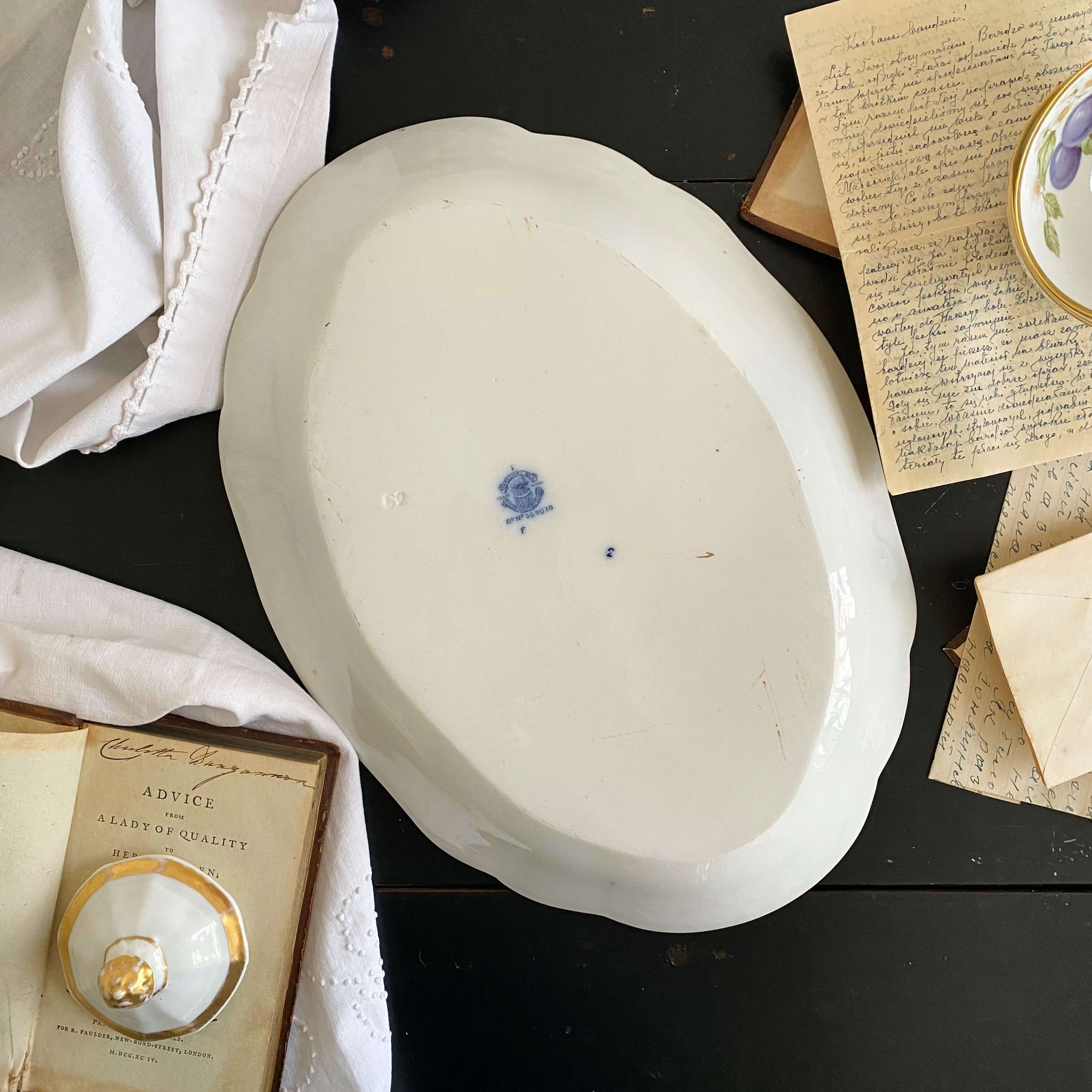 Antique Flow Blue Covered Vegetable Dishes & Platter Set - Marechal Neil by W.H. Grindley circa 1896