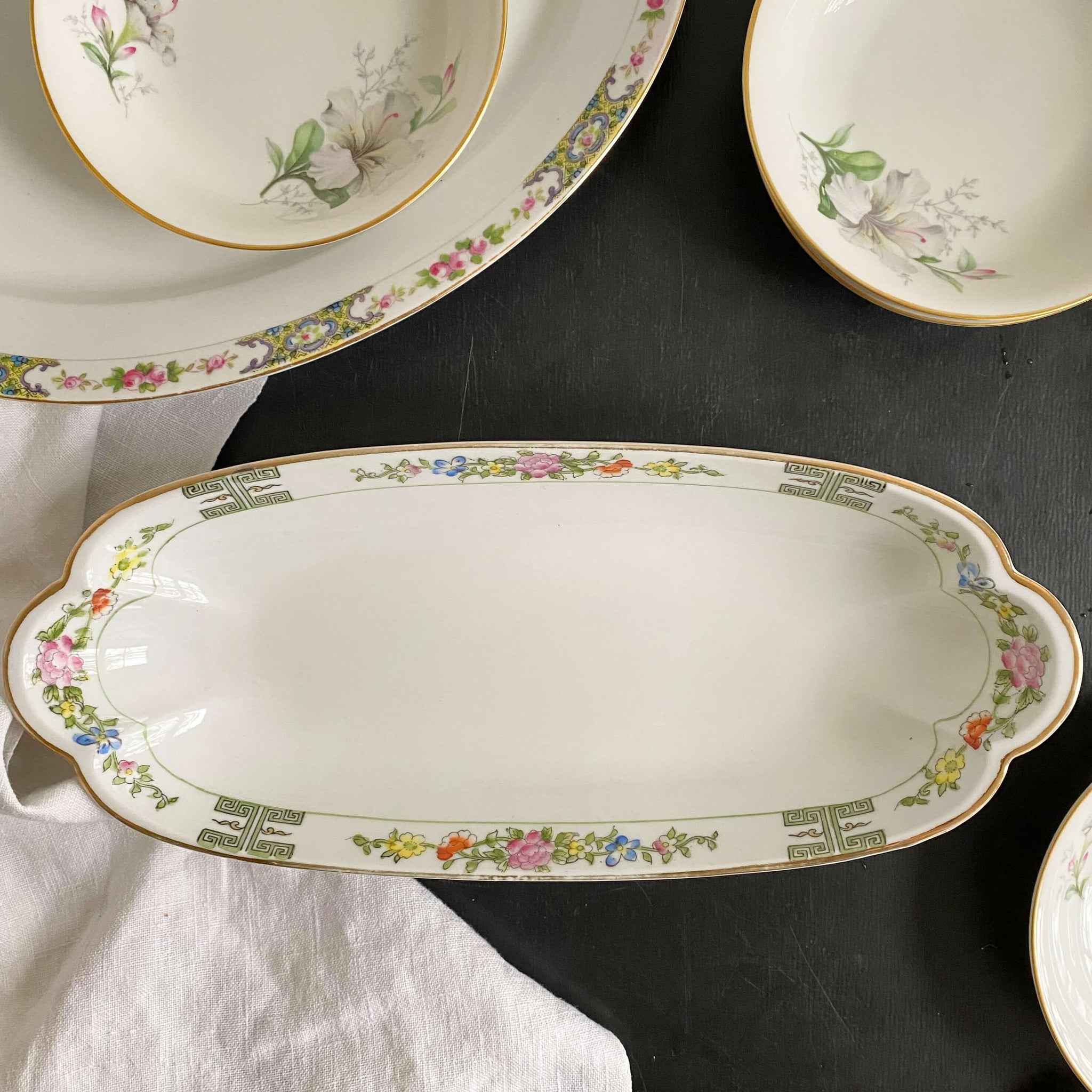 Antique Noritake Porcelain Floral Celery Dish with Green Greek Key Emblems circa 1910s