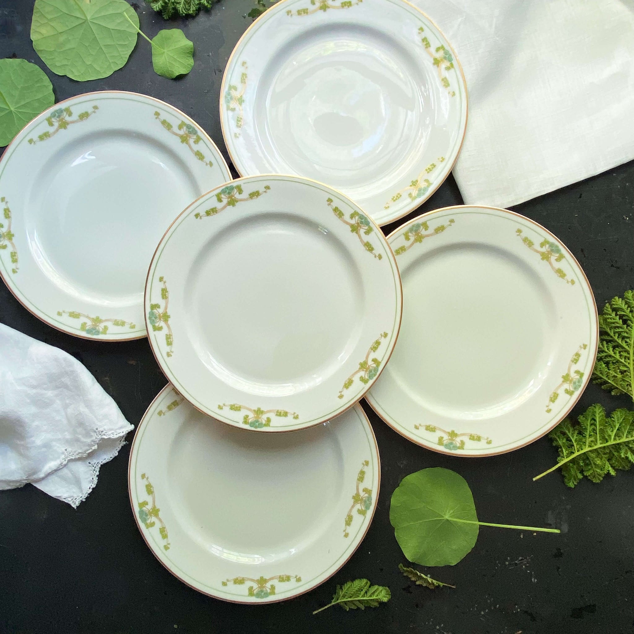 Antique Syracuse O.P.Co. Teal and Green Floral Salad Plates - Set of Five circa 1912-1930s