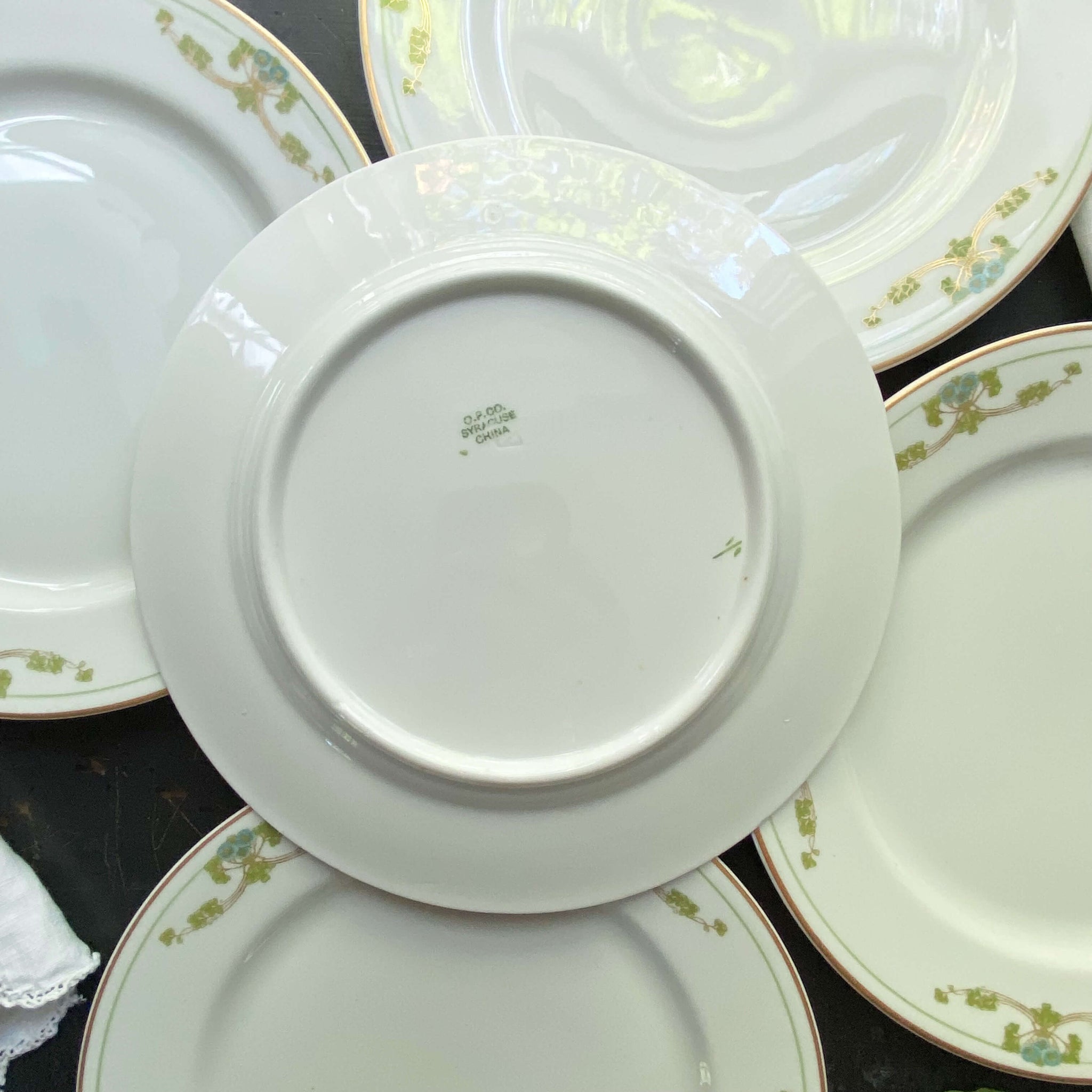 Antique Syracuse O.P.Co. Teal and Green Floral Salad Plates - Set of Five circa 1912-1930s