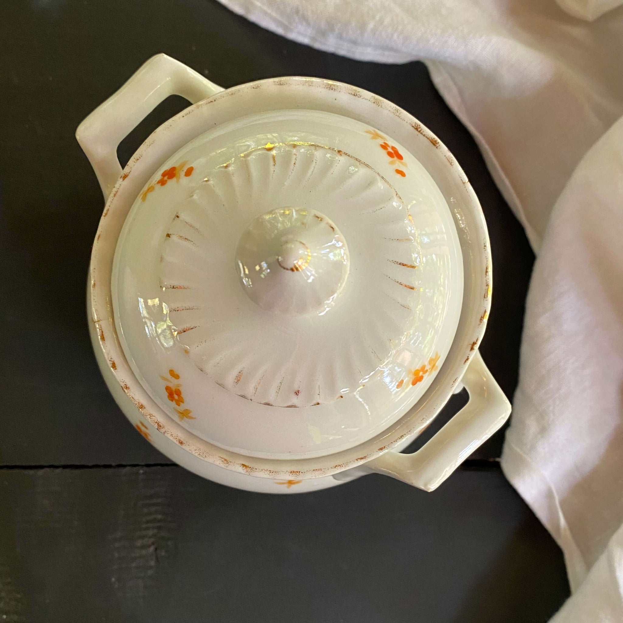 Antique Porcelain Cream and Sugar Set with Handpainted Orange Flower Buds