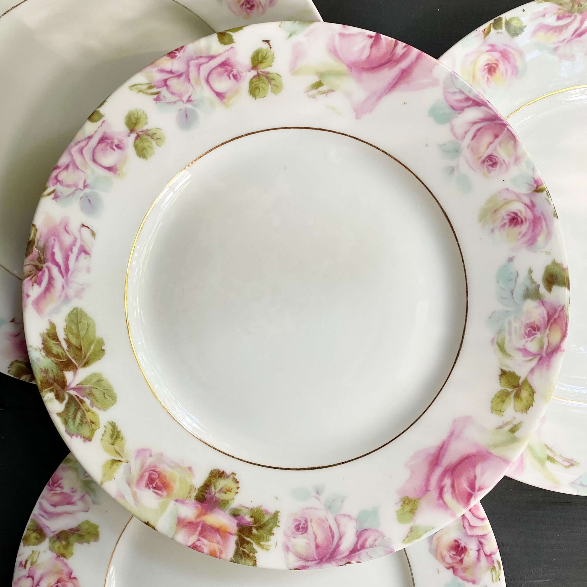 Antique Pink & Mint Rose Porcelain Salad Plates by Hermann Ohme circa 1900-1920s - Set of Four