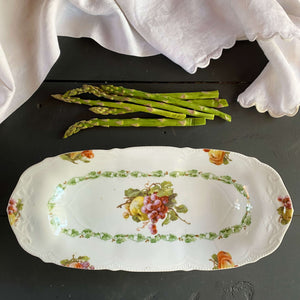 Antique Porcelain Asparagus Celery Serving Dish with Grapes & Pears Motif