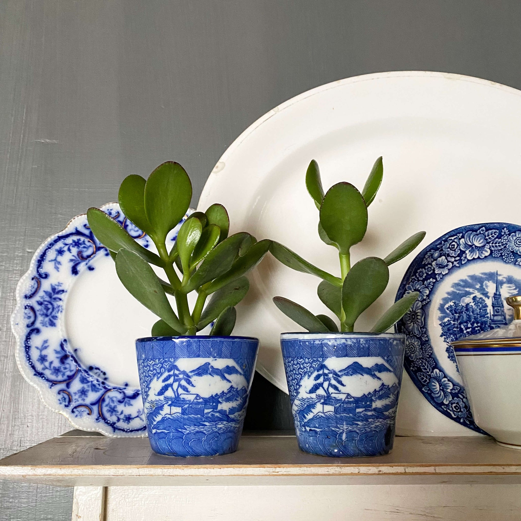 Small Antique Blue and White Japanese Porcelain Cups with Mountain Scenes - Set of Two