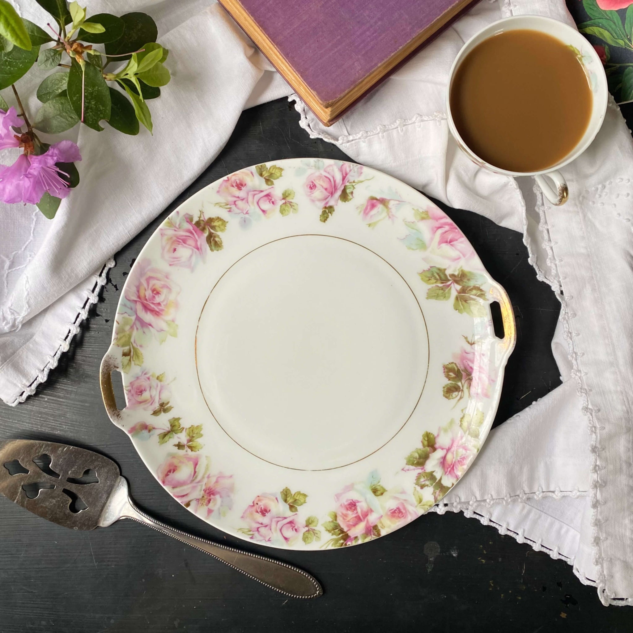 Antique Porcelain Cake Plate with Pink Roses BY HERMANN OHME CIRCA 190