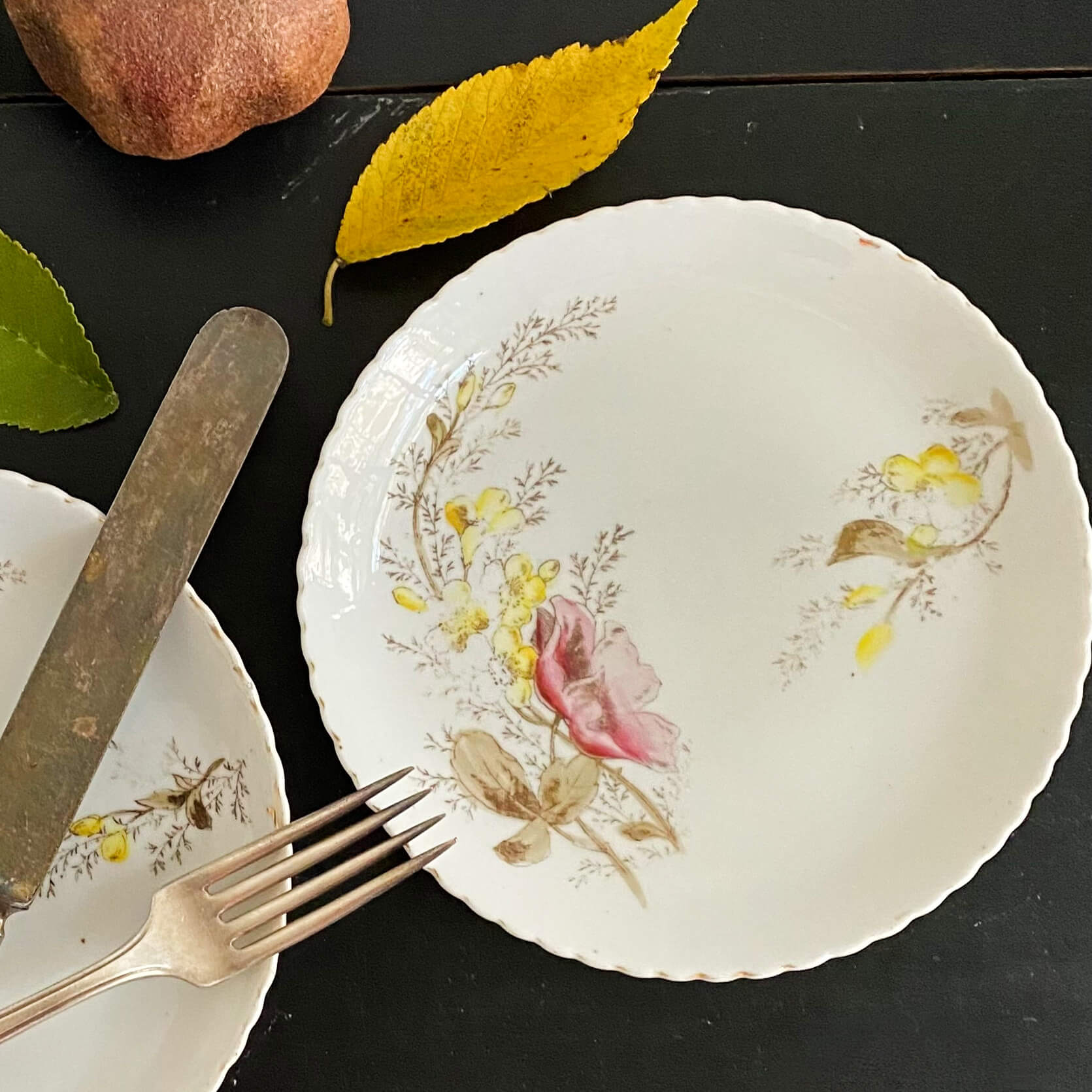 Antique Handpainted Porcelain Floral Small Plates with Pink Yellow & Beige Flowers - Set of Two circa 1880s-1910s