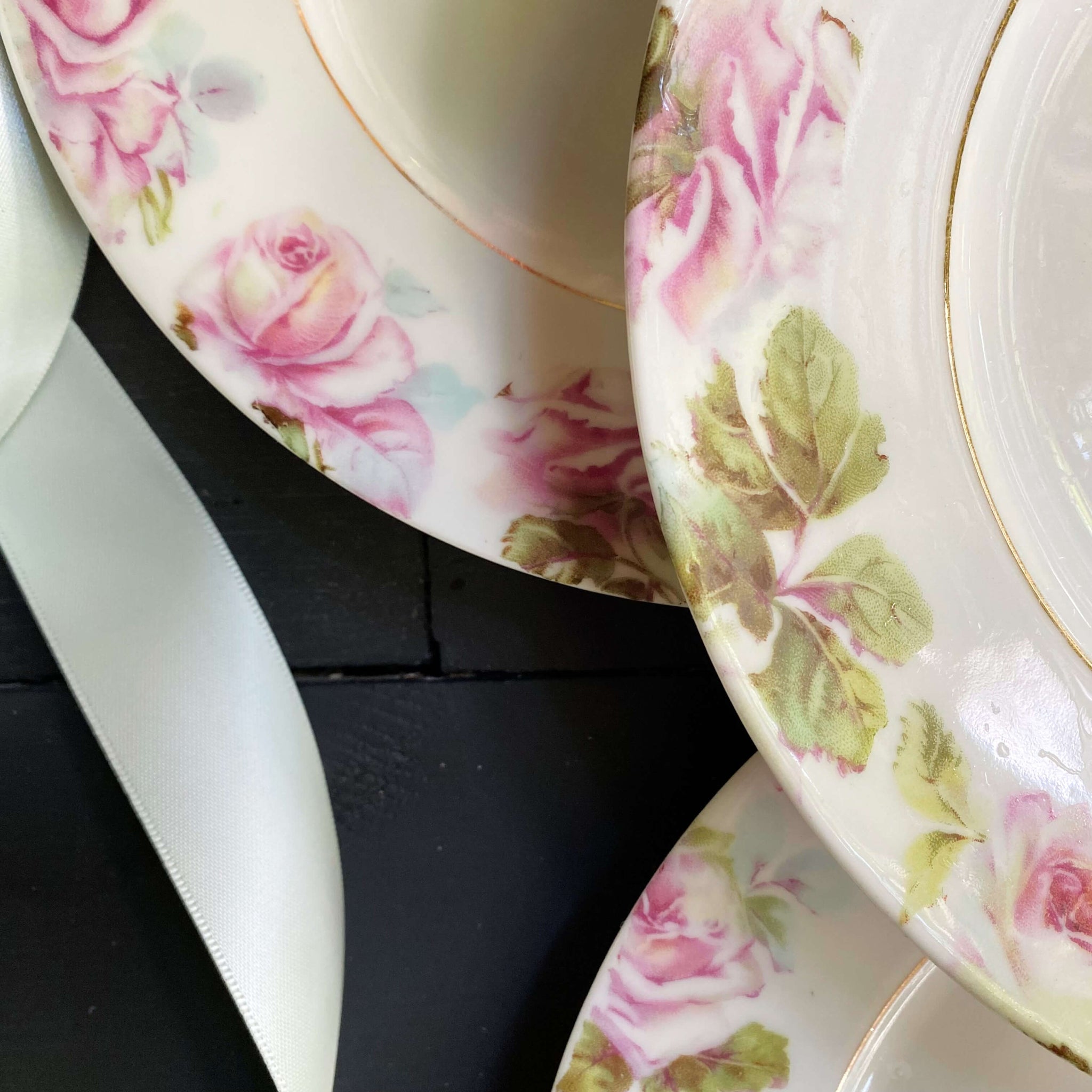 Antique Pink & Mint Rose Porcelain Salad Plates by Hermann Ohme circa 1900-1920s - Set of Four