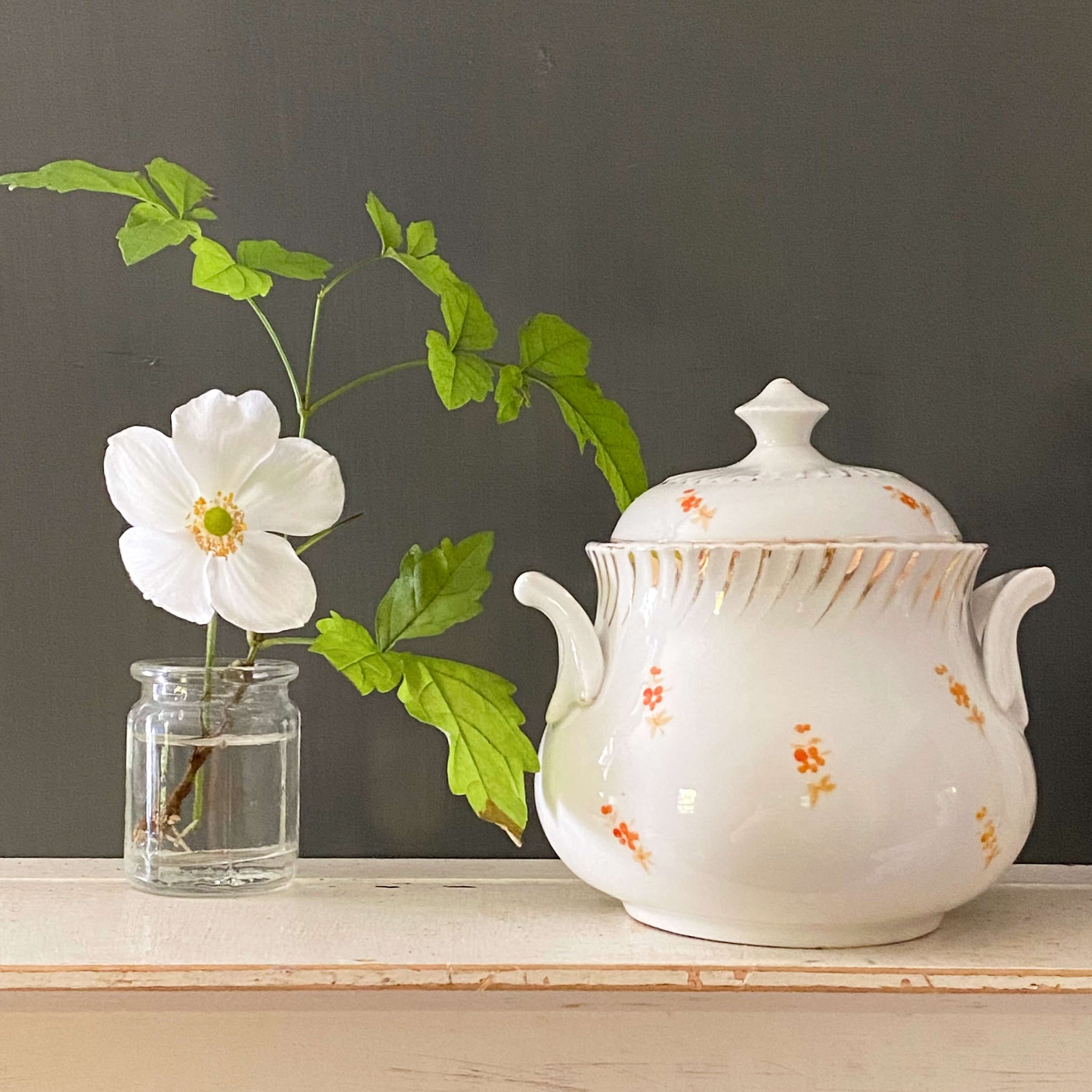 Antique Porcelain Cream and Sugar Set with Handpainted Orange Flower Buds