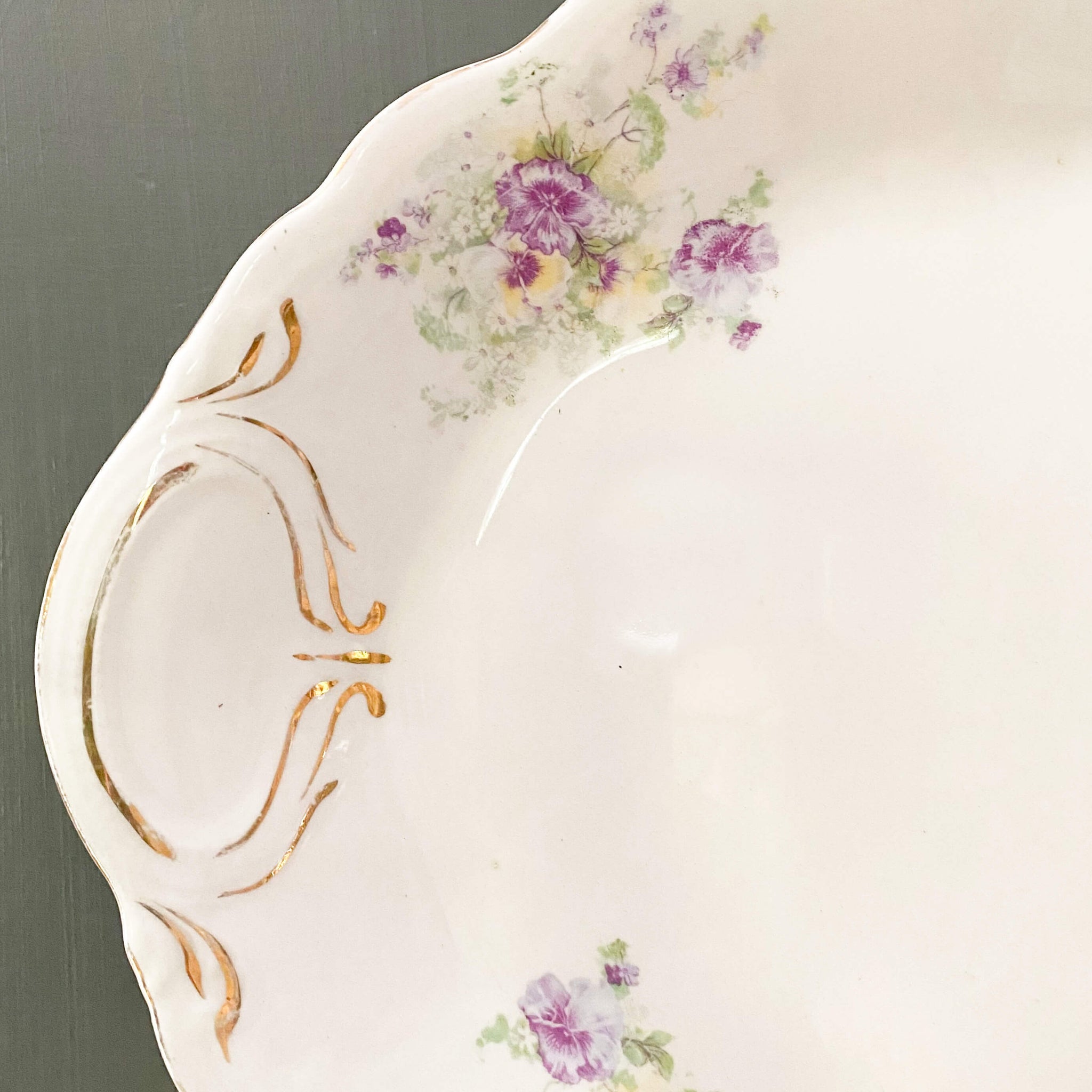 Antique Purple Pansy Flower Platter by C.P.Co in the Dixie Shape circa 1880s-early 1900s