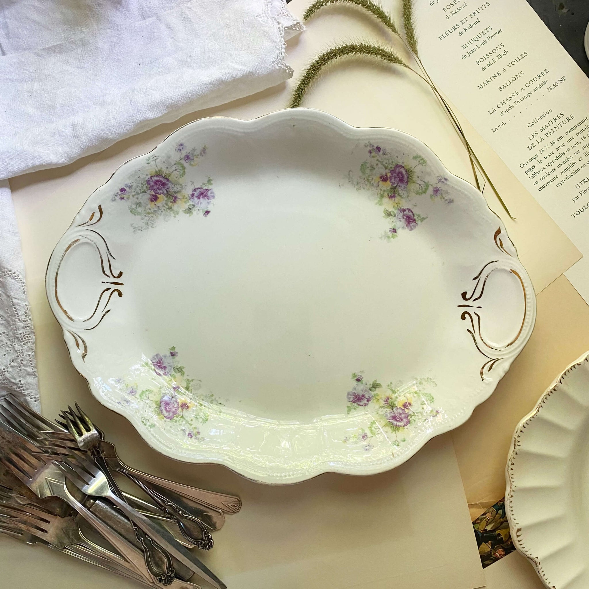 Antique Purple Pansy Flower Platter by C.P.Co in the Dixie Shape circa 1880s-early 1900s