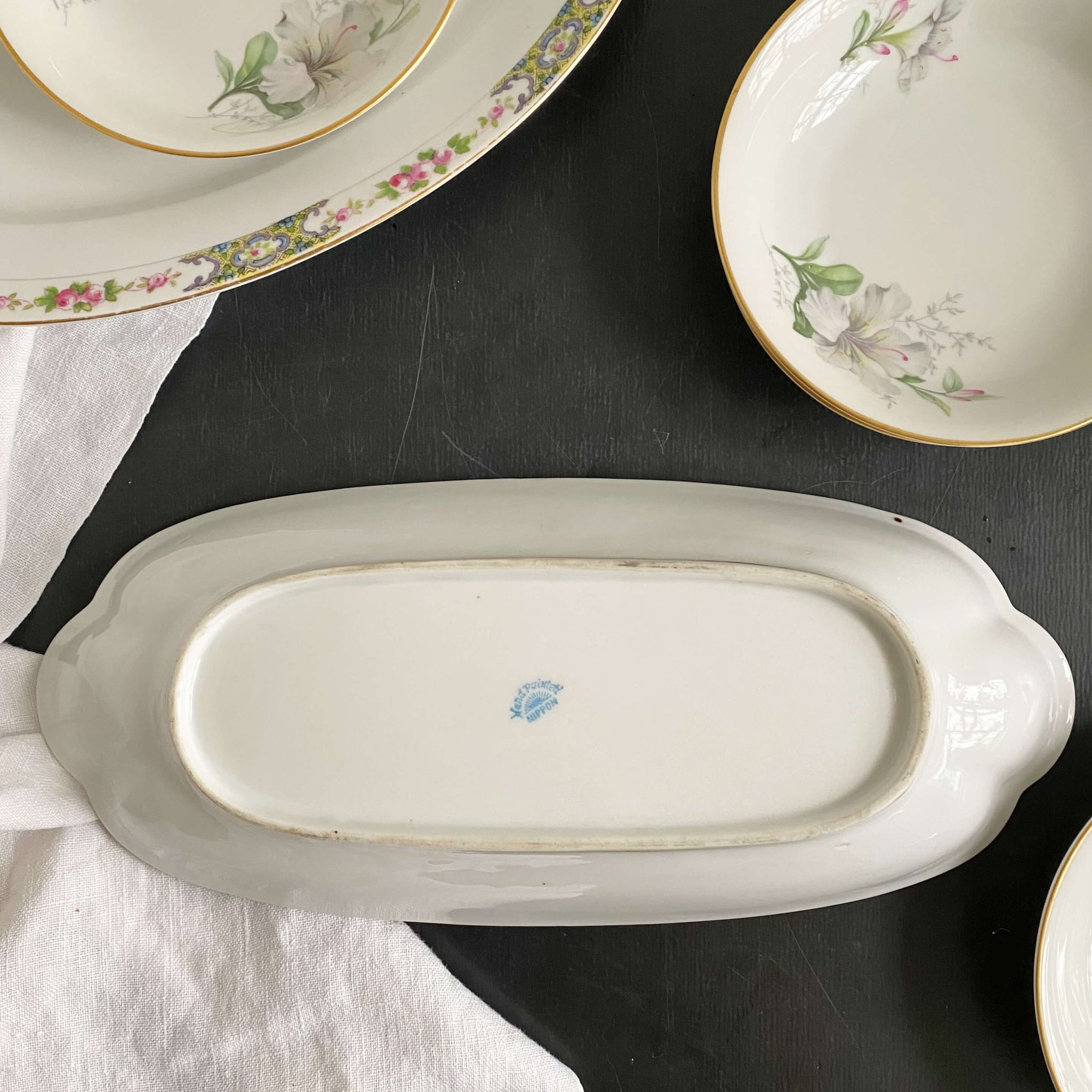 Antique Noritake Porcelain Floral Celery Dish with Green Greek Key Emblems circa 1910s