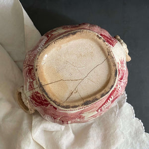 Rare Antique Weathered Red Transferware Sugar Bowl or Small Tureen - circa 1830s-1850s (Presumed)