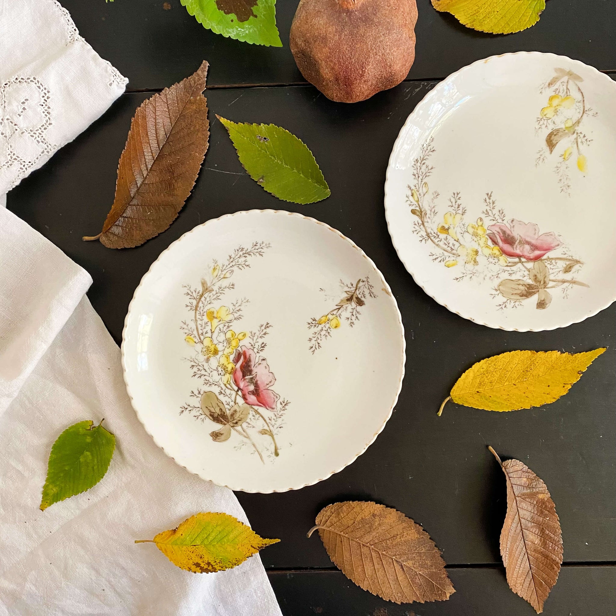 Antique Handpainted Porcelain Floral Small Plates with Pink Yellow & Beige Flowers - Set of Two circa 1880s-1910s