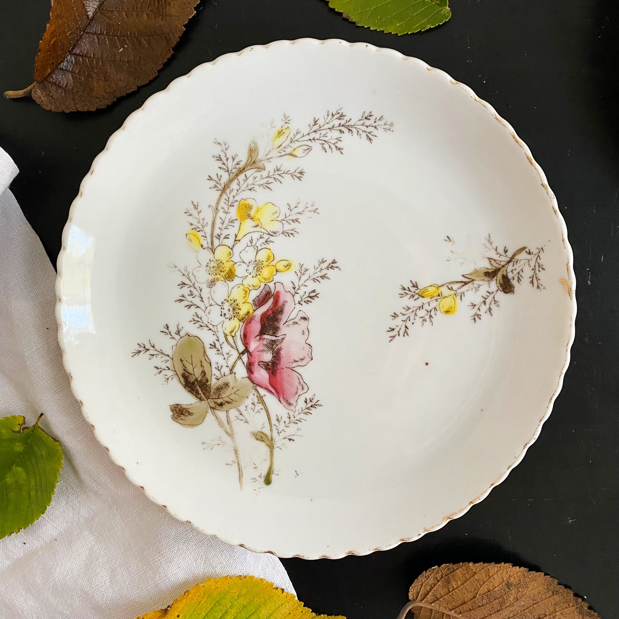 Antique Handpainted Porcelain Floral Small Plates with Pink Yellow & Beige Flowers - Set of Two circa 1880s-1910s