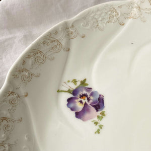 Vintage Pansy Cake Plate with Gold Filigree and Purple and Yellow Pansy Flowers