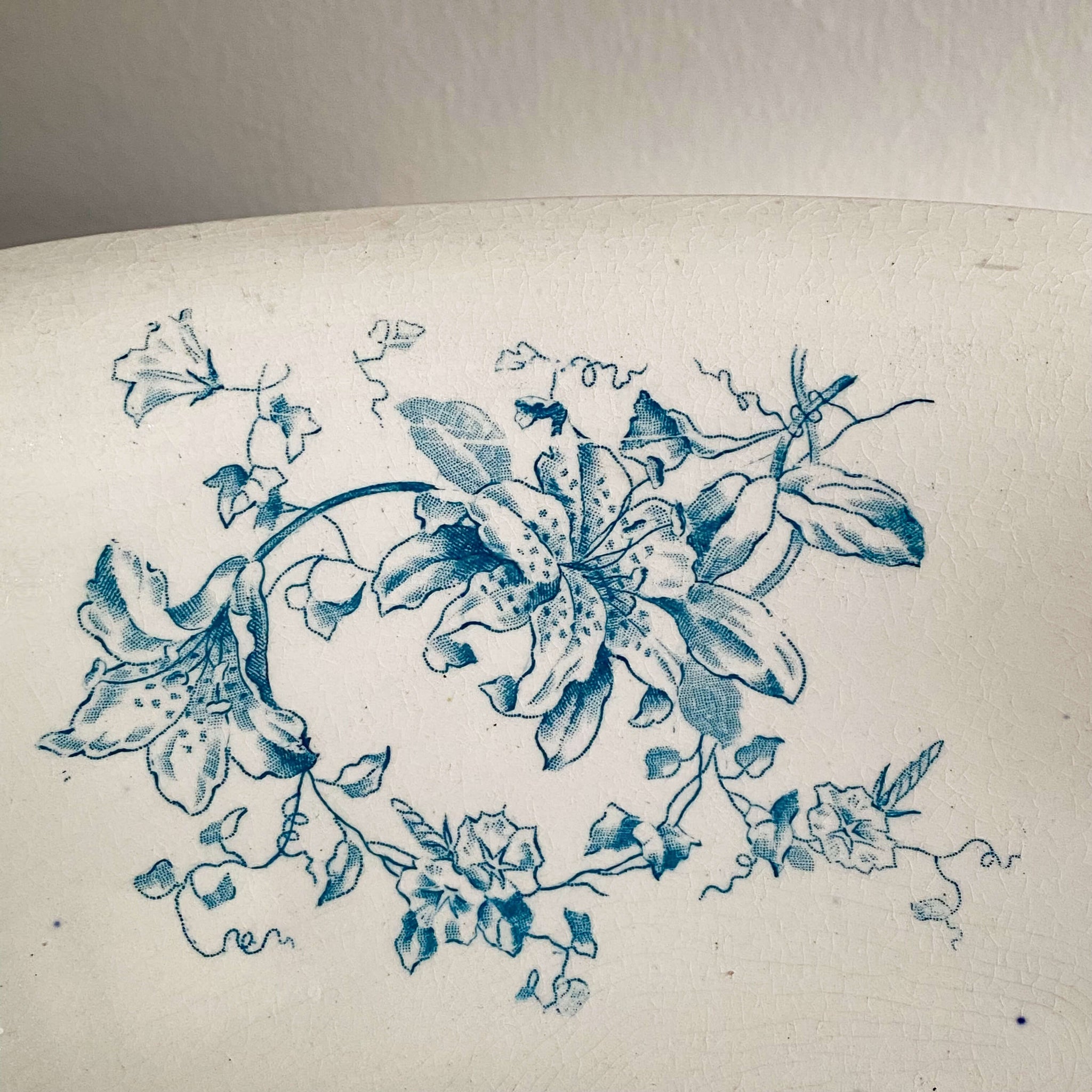 Antique Large Wash Basin Bowl with Teal Flowers by International Pottery Co circa 1920s-1930s