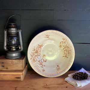 Antique Brown Floral Transferware Wash Basin Bowl with Rudebekia Flowers and Gold Sponge Painting