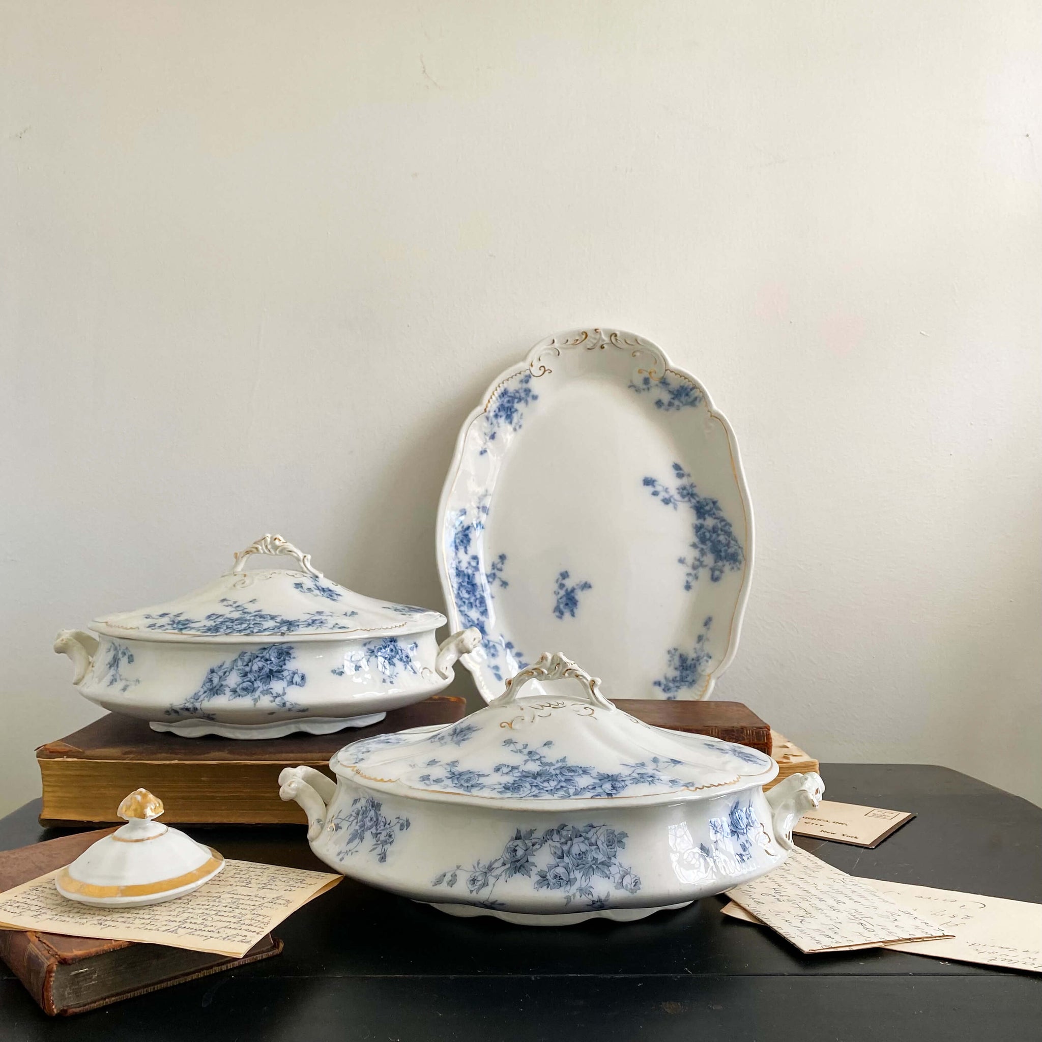 Antique Flow Blue Covered Vegetable Dishes & Platter Set - Marechal Neil by W.H. Grindley circa 1896