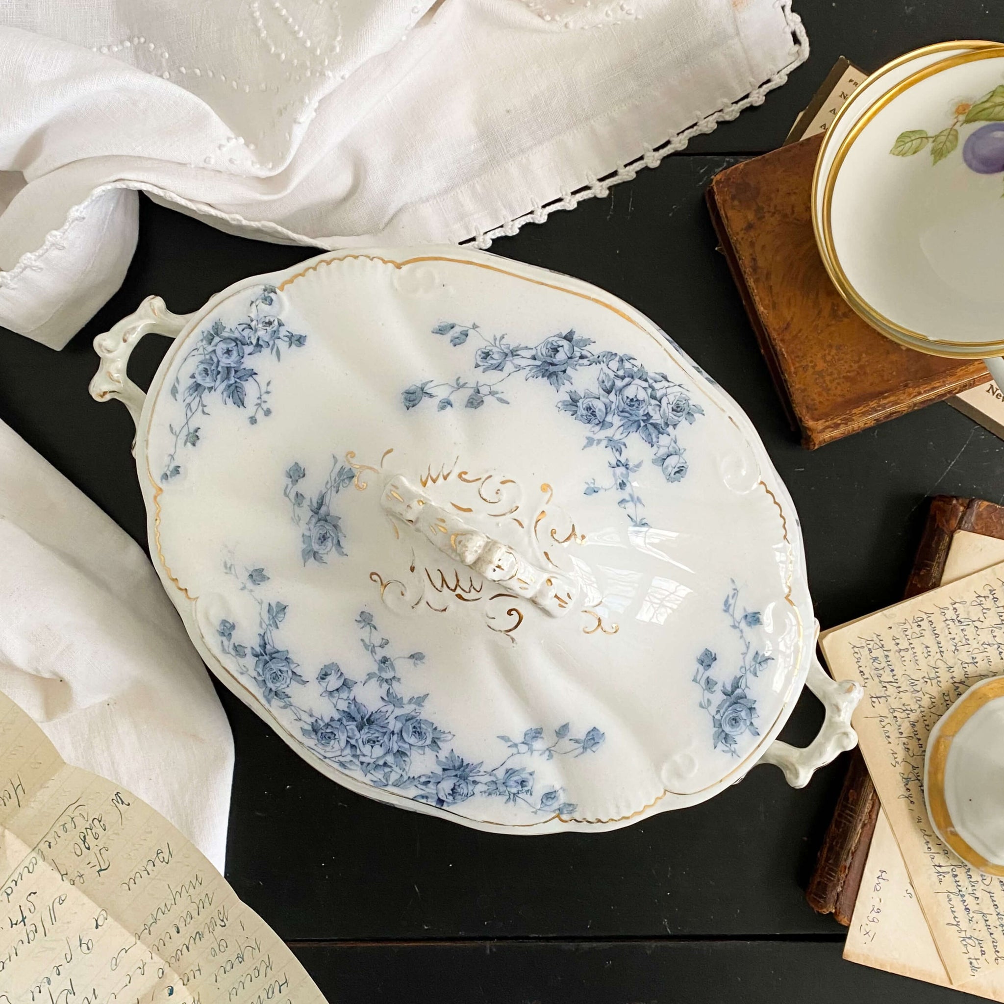 Antique Flow Blue Covered Vegetable Dishes & Platter Set - Marechal Neil by W.H. Grindley circa 1896