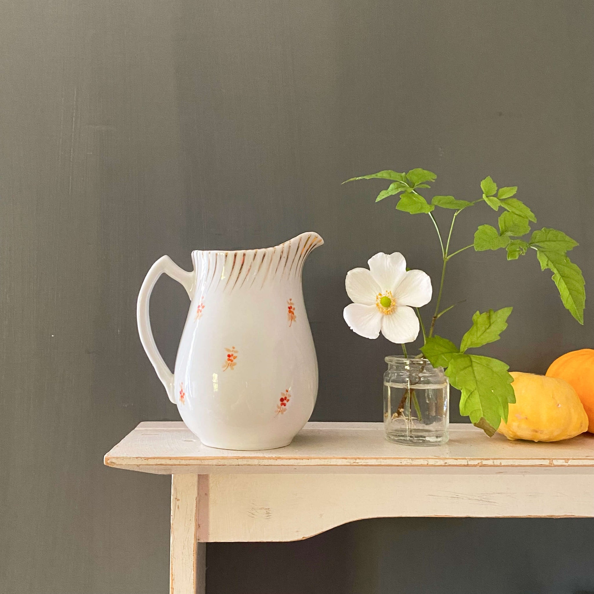 Antique Porcelain Cream and Sugar Set with Handpainted Orange Flower Buds