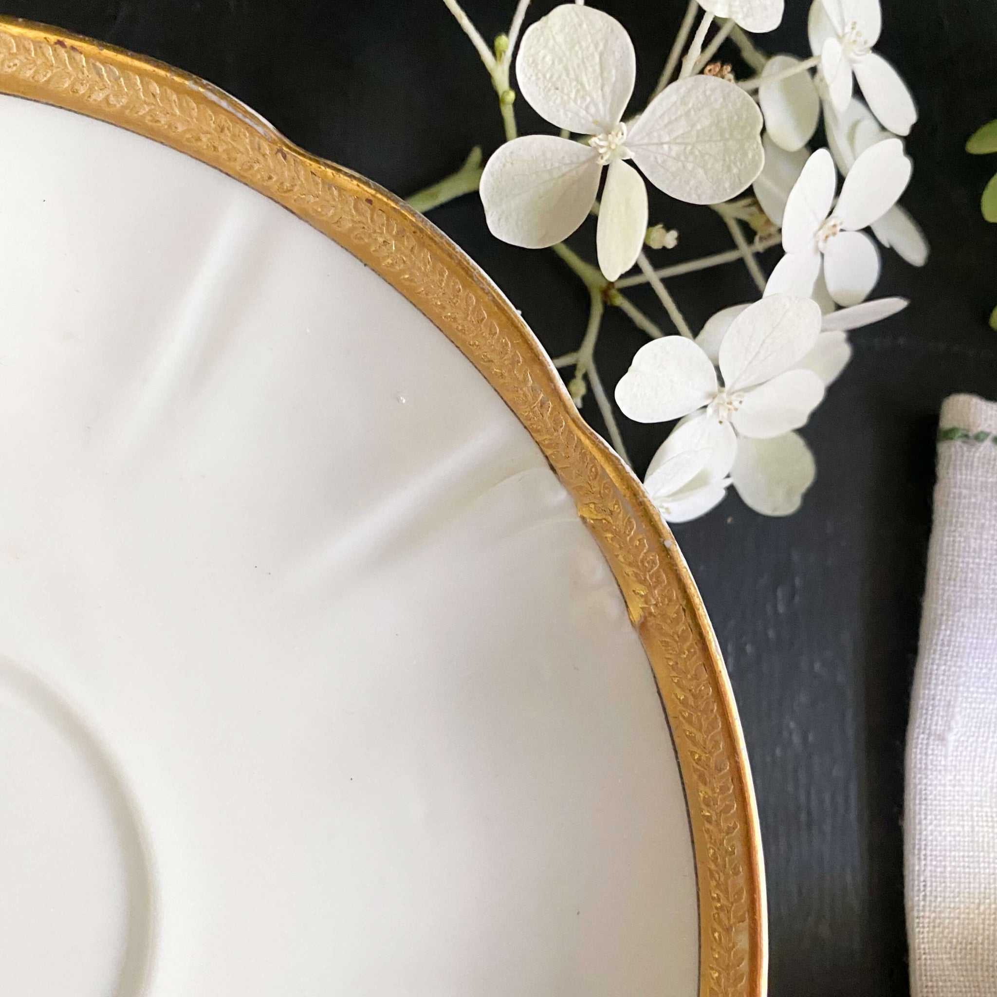 Antique Gold & White French Porcelain Cups & Saucers - Mismatched Set of Two circa 1880s-1930s