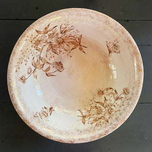 Antique Brown Floral Transferware Wash Basin Bowl with Rudebekia Flowers and Gold Sponge Painting