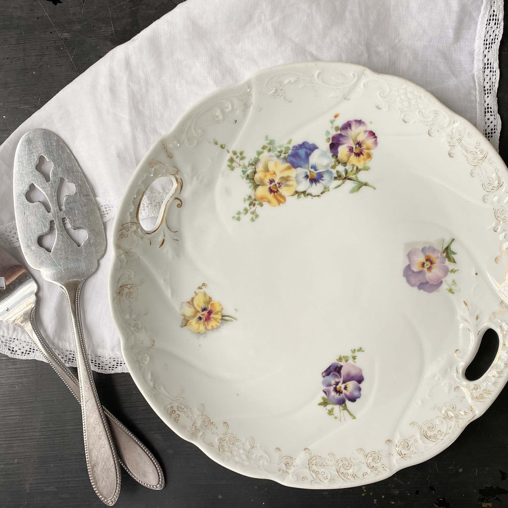 Vintage Pansy Cake Plate with Gold Filigree and Purple and Yellow Pansy Flowers