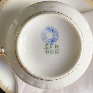 Antique Gold & White French Porcelain Cups & Saucers - Mismatched Set of Two circa 1880s-1930s