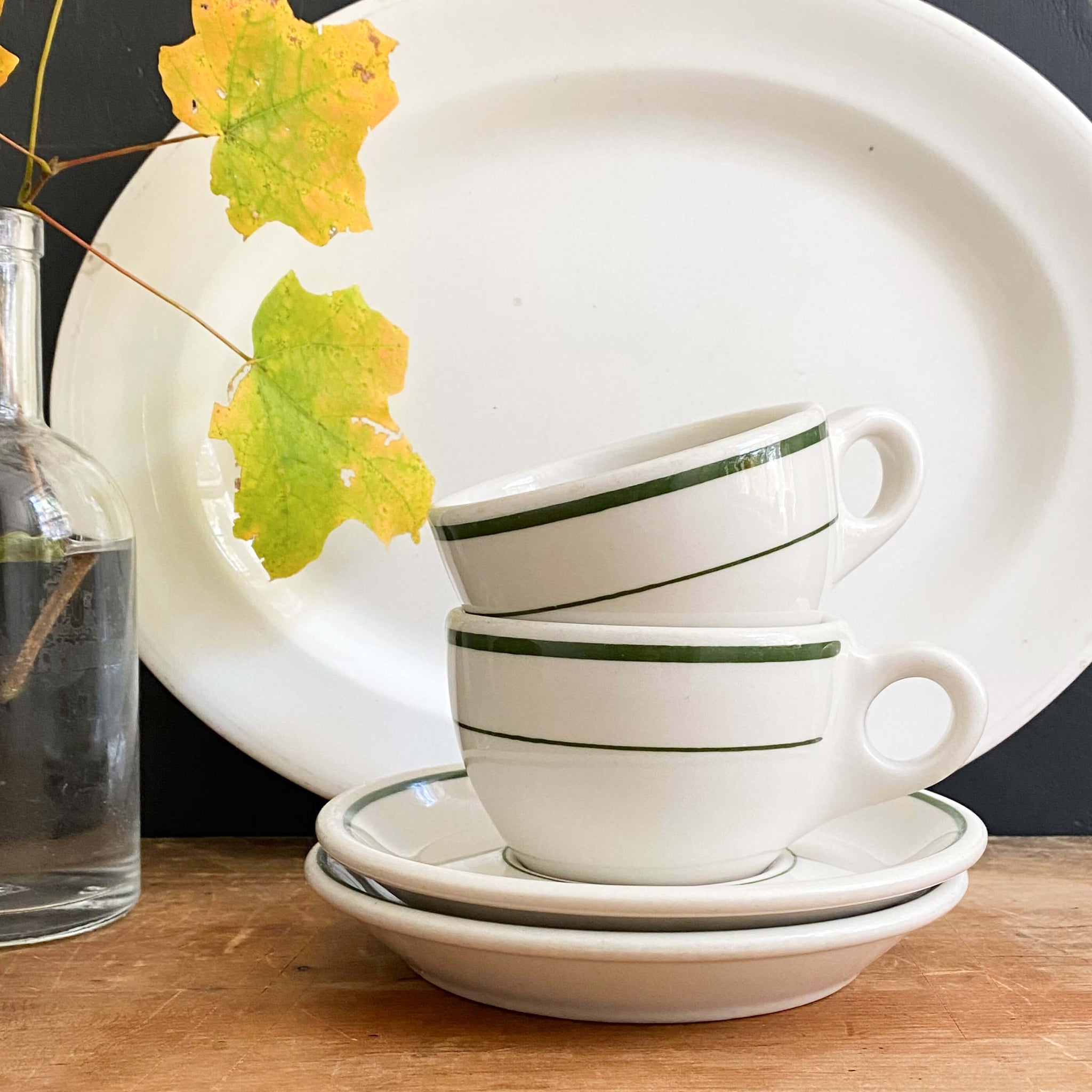 Vintage Green Striped Restaurant Ware Cups and Saucers by Buffalo China - Set of Two circa 1962-1986