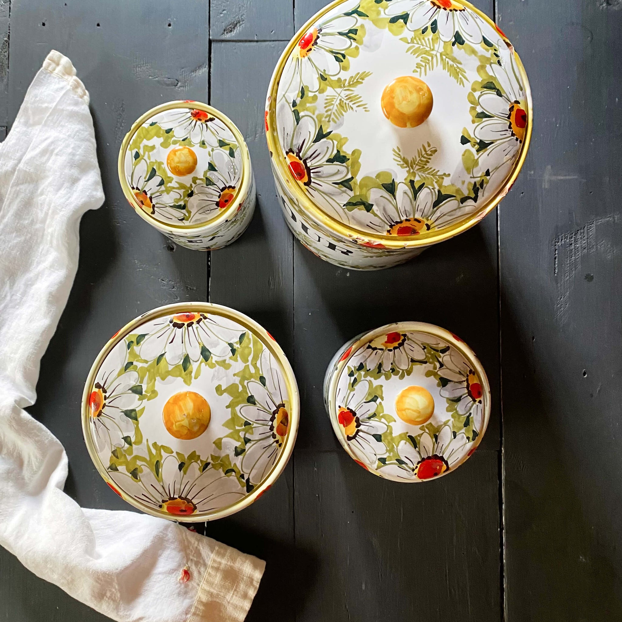 Handmade Italian Ceramic Kitchen Canisters with Handpainted Florals - Set of Four