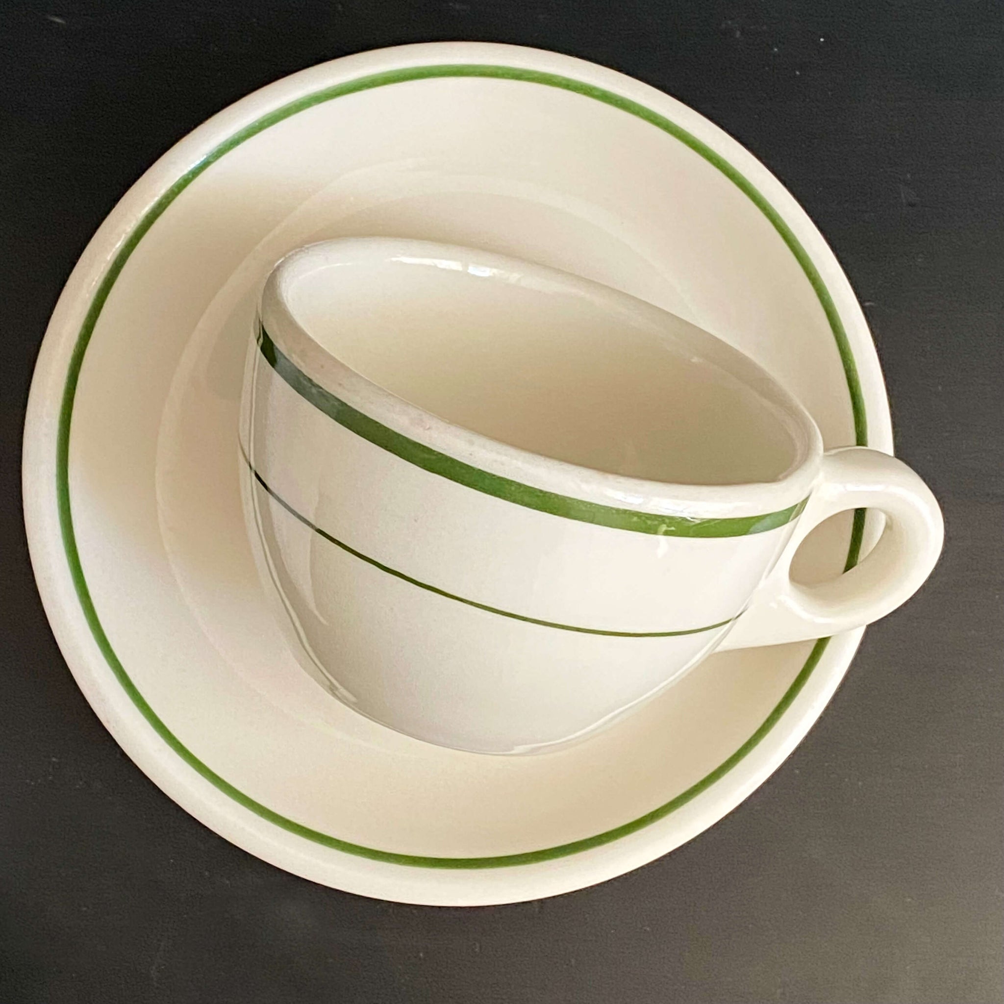 Vintage Green Striped Restaurant Ware Cups and Saucers by Buffalo China - Set of Two circa 1962-1986
