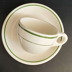 Vintage Green Striped Restaurant Ware Cups and Saucers by Buffalo China - Set of Two circa 1962-1986