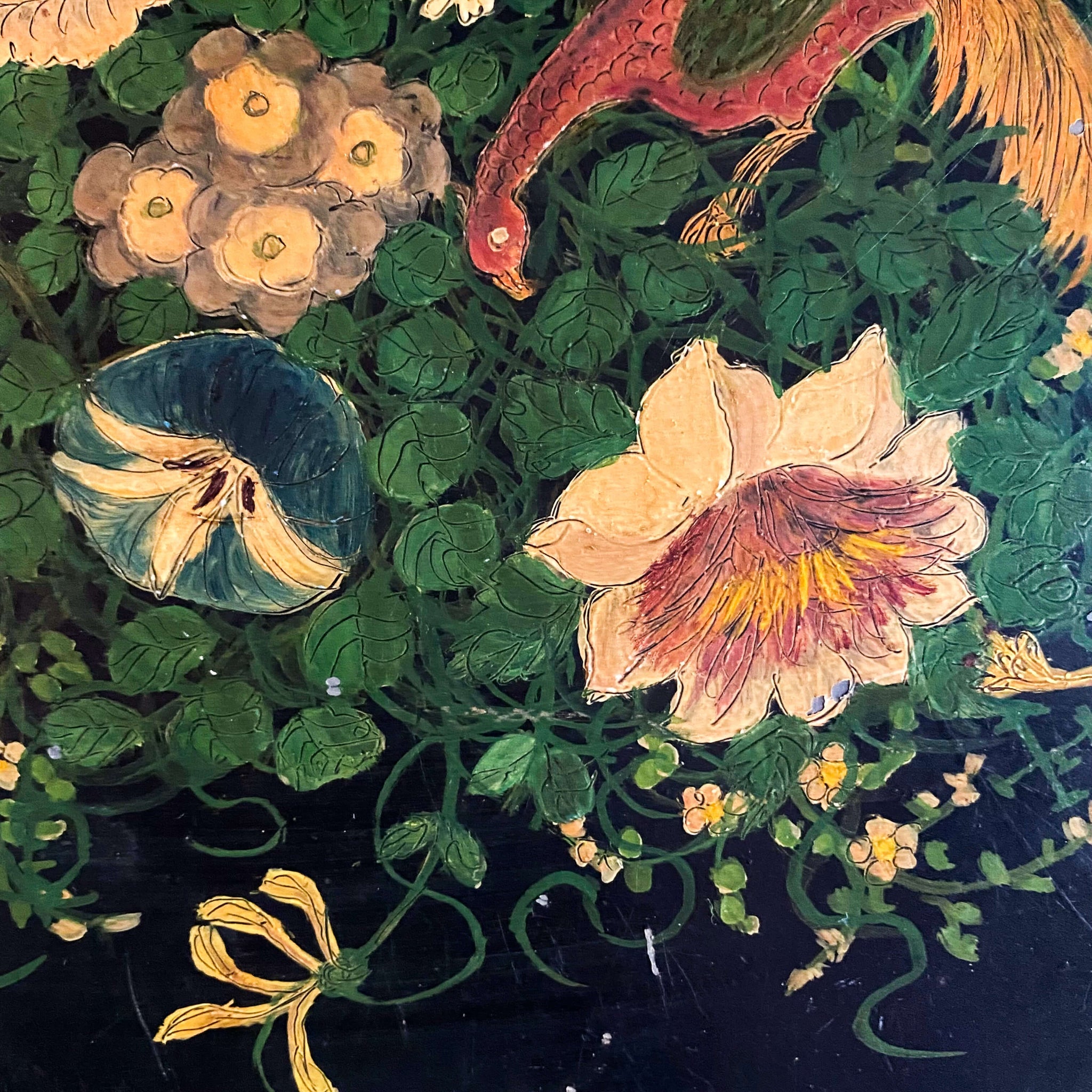 Antique Black Tole Tray with Hand-Painted Birds and Flowers - 16 x 22 Size